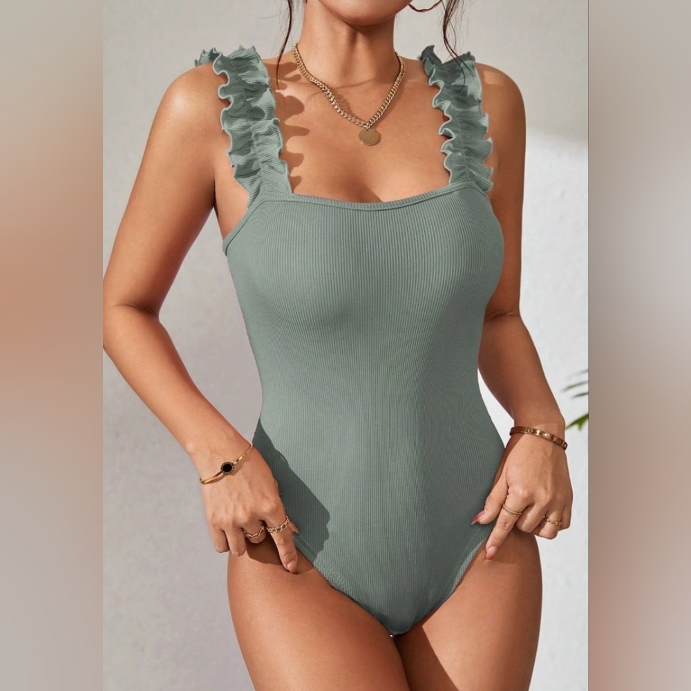 Olive Green ruffled sleeve bodysuit from Francescas